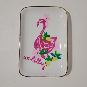 Lilly Pulitzer Pink Flamingo Edged In Gold Trinket Tray Jewelry Dish 5.75 x 4"‎